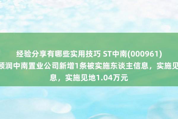 经验分享有哪些实用技巧 ST中南(000961)参股的镇江颐润中南置业公司新增1条被实施东谈主信息，实施见地1.04万元