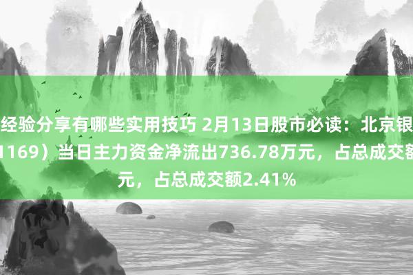 经验分享有哪些实用技巧 2月13日股市必读：北京银行（601169）当日主力资金净流出736.78万元，占总成交额2.41%